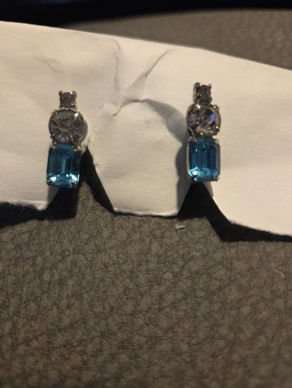 Blue Clear Rhinestone Earrings Screw Back Closure Silver Tone Vintage